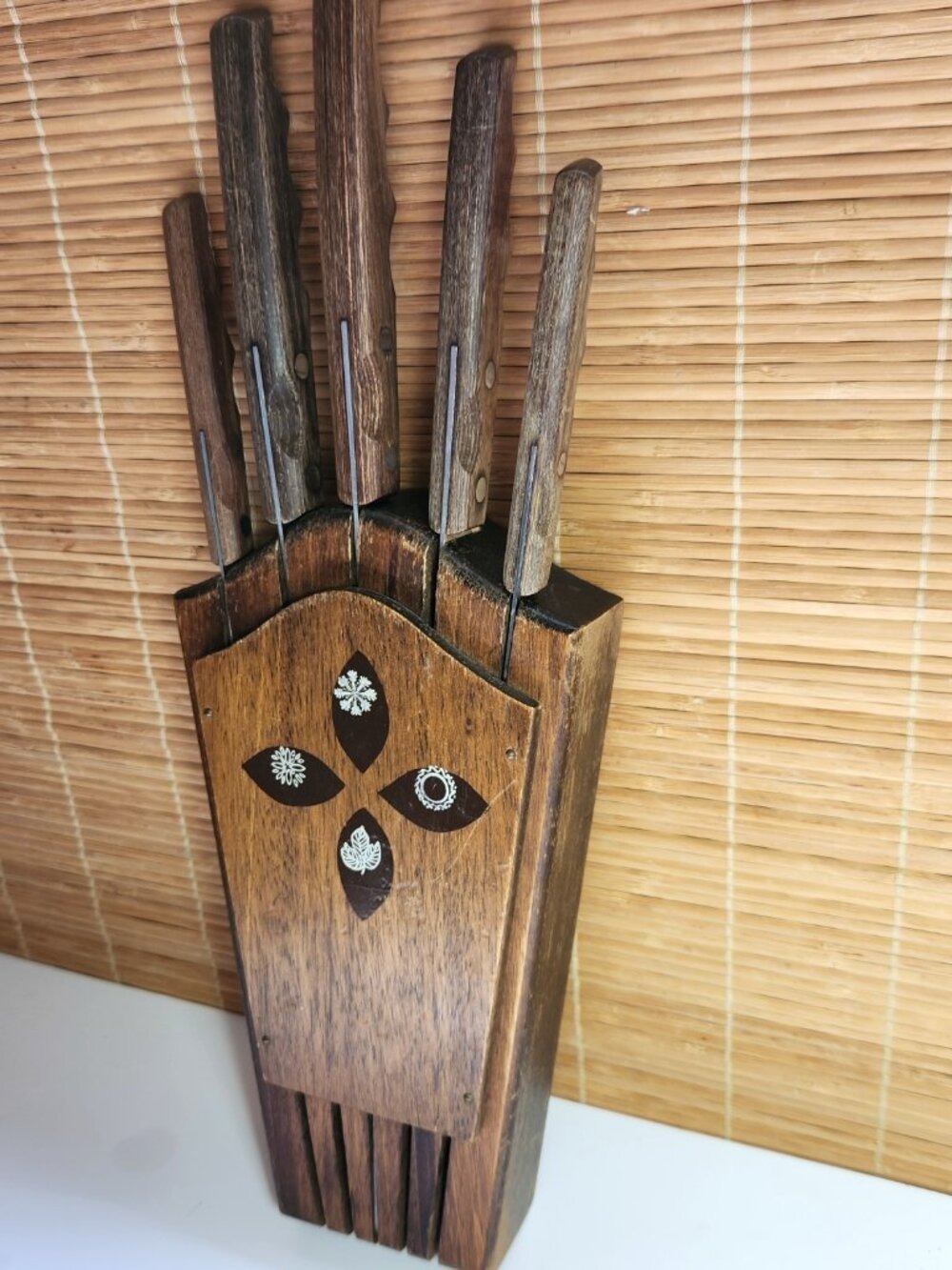 Vintage Imperial Japan Knife Block Hand Carved Inlaid Wood Wall Set 1960s MCM - Picture 5 of 11